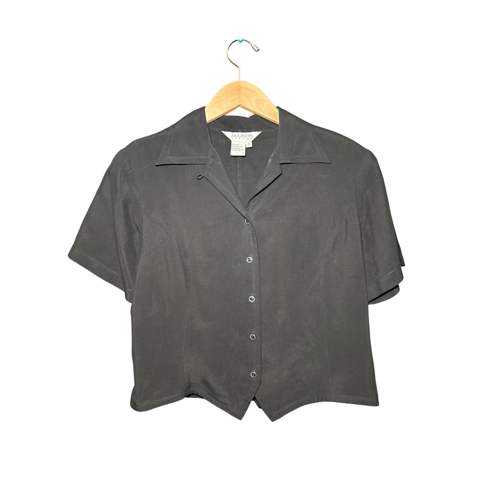 Allison Taylor Vintage 100% Silk Black Short Sleeve Button Up Cropped Shirt S